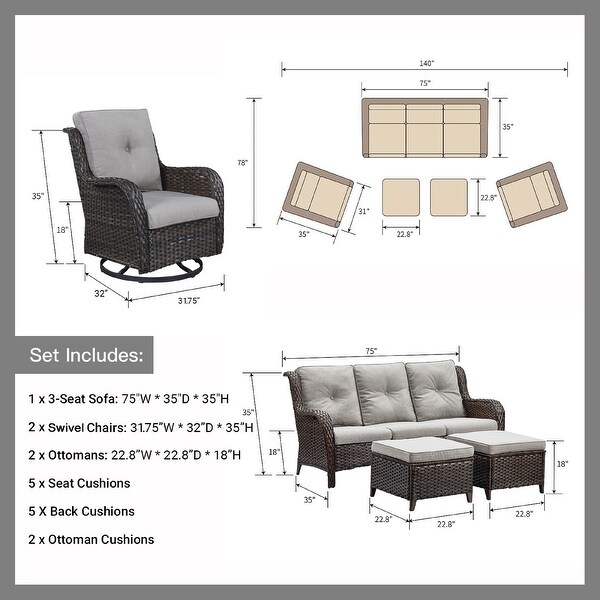 Pocassy 5Piece Outdoor Wicker Sofa Set with Swivel Chairs