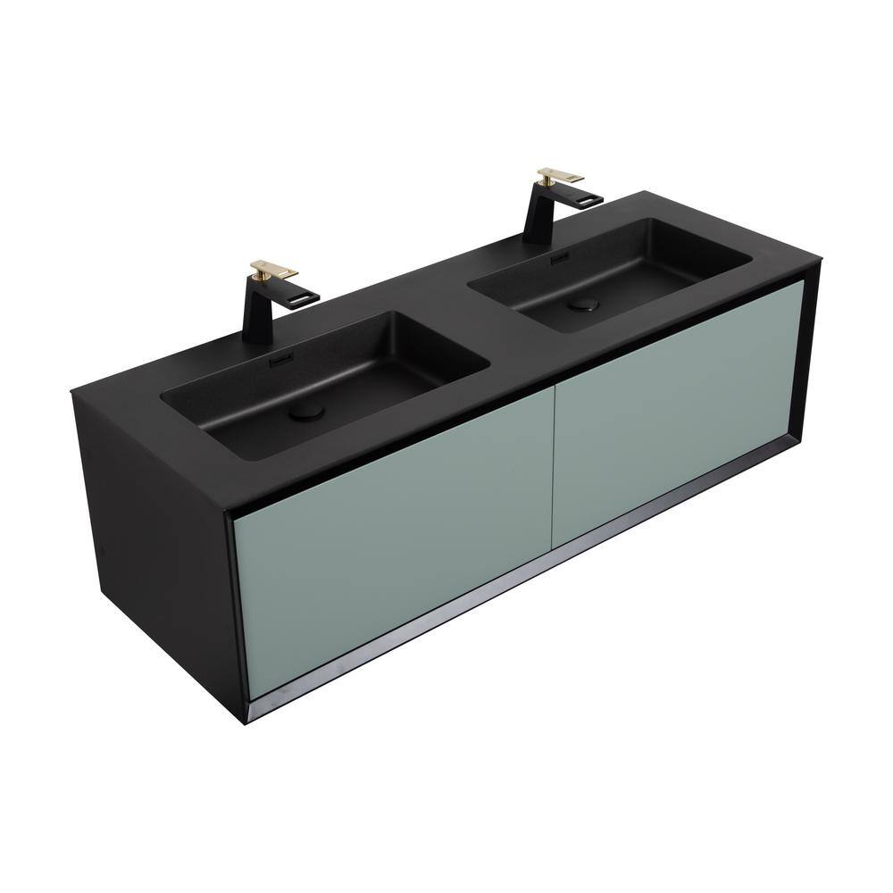 JimsMaison Elisa 60 in. W x 20.7 in. D x 18 in. H Wall-Mounted Bath Vanity in Green with Black Solid Surface Top and Double Sinks Elisa-60GRN