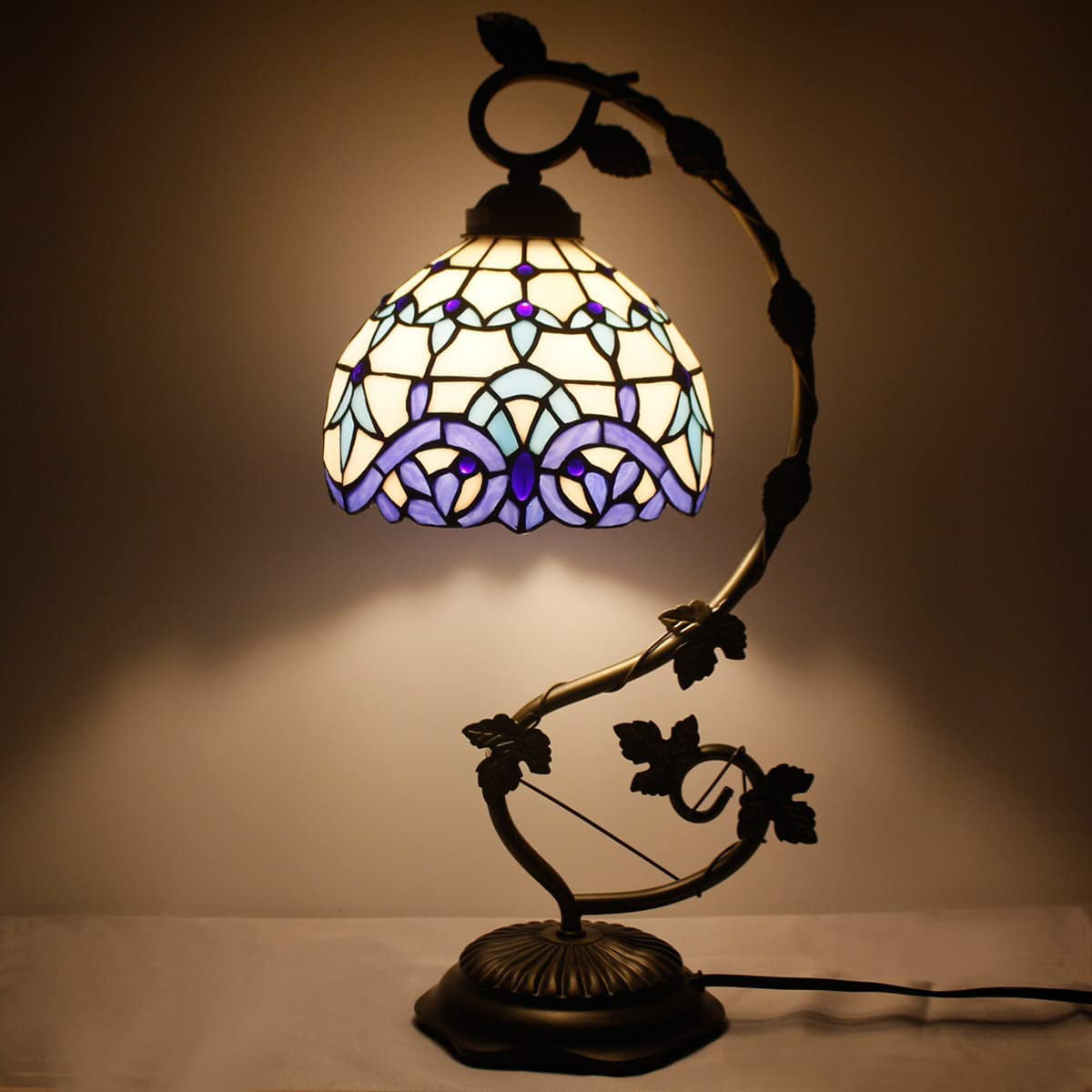 SHADY Tiffany Style Lamp White Blue Stained Glass Table Lamp Reading Desk Light Metal Leaf Base 8X10X21 Inches Decor Small Space Bedside Bedroom Home Office S003B Series