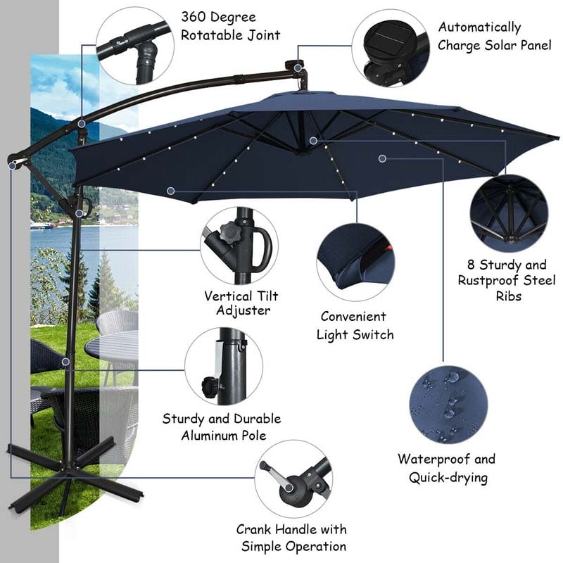 10 FT Patio Offset Umbrella with Solar Lights 360° Rotation Outdoor Market Umbrella with Crank Handle & Cross Base