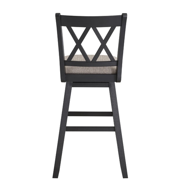 Jasmine 29 Inch Handcrafted Rustic 360 Degree Swivel Barstool Chair， Crossed Black Wood Frame， Gray