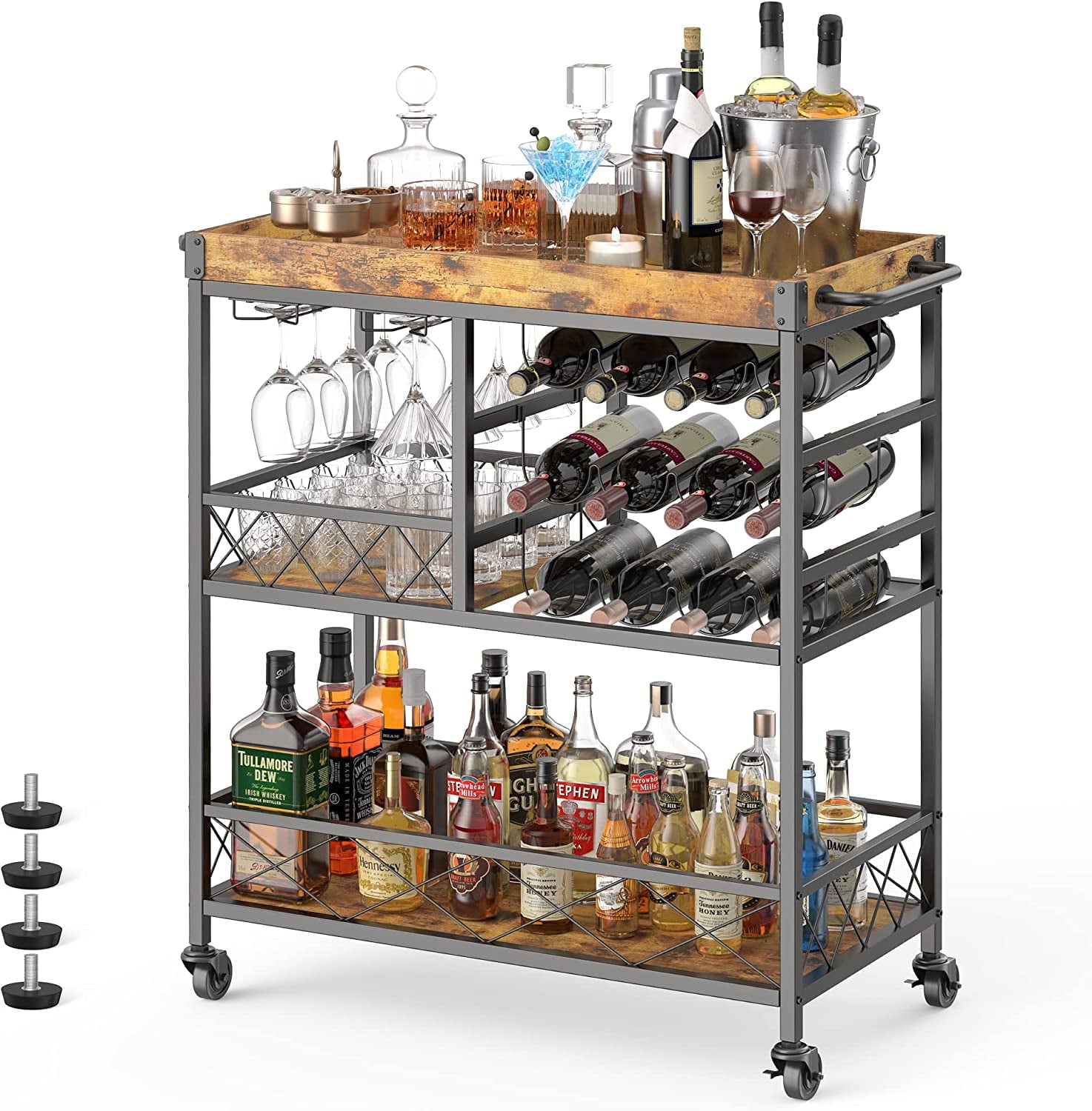 Lofka Bar Cart， 38 Kitchen Serving Cart with Large Storage， Rusic Brown and Black