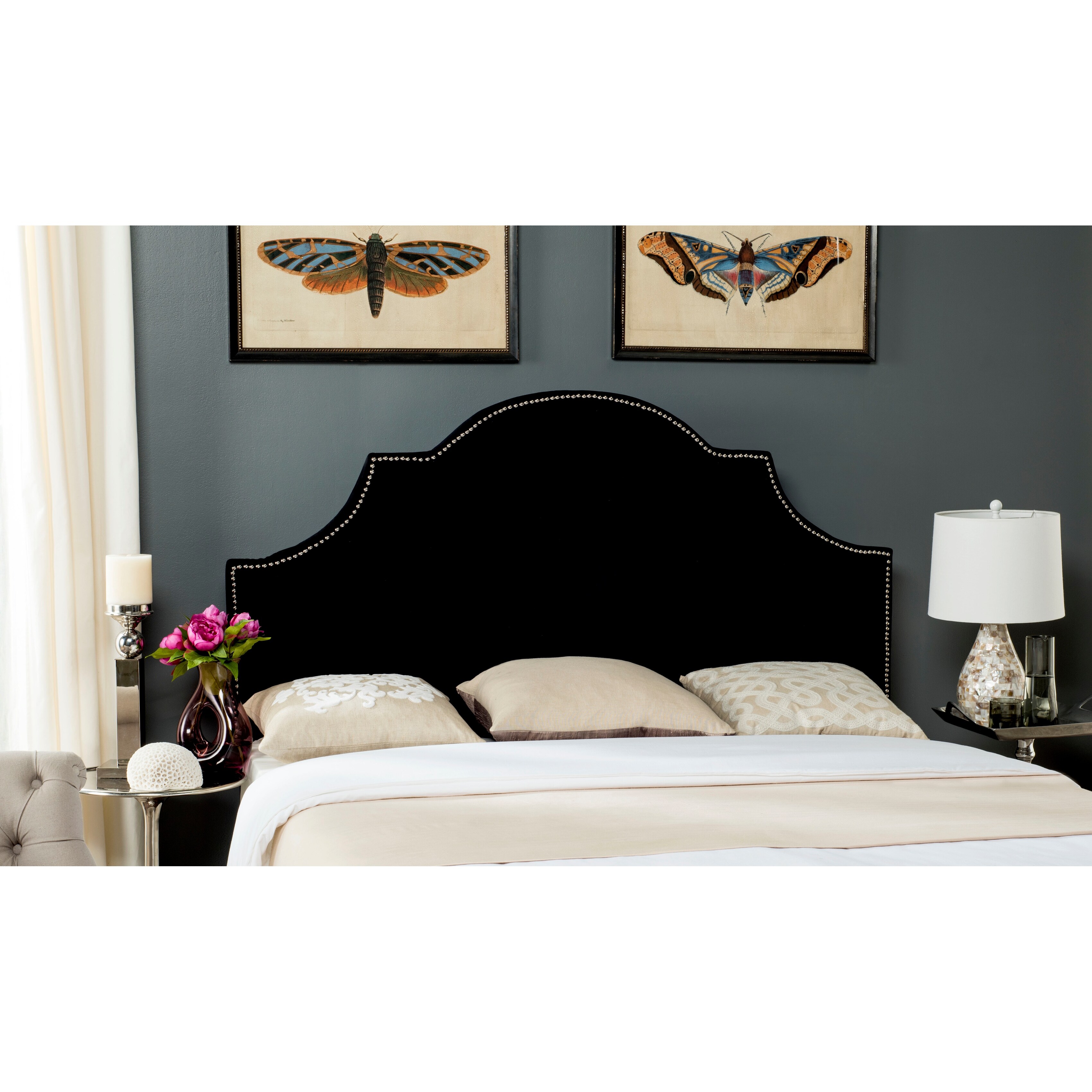 SAFAVIEH Hallmar Black Velvet Upholstered Arched Headboard - Silver Nailhead (King) - - 11098730