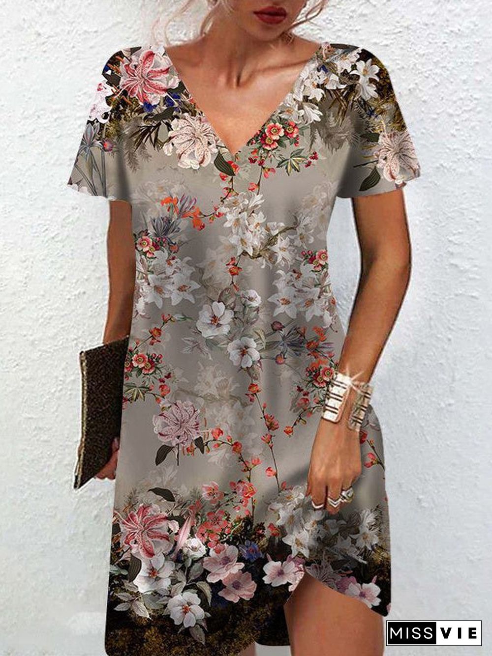 Women's Summer Short Sleeve V Neck Floral Print Casual Dress