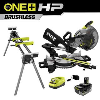 RYOBI ONE+ HP 18V Brushless Cordless 10 in. Sliding Compound Miter Saw Kit with 4.0 Ah Battery Charger and Miter Saw Stand PBLMS01K-A18MS01G