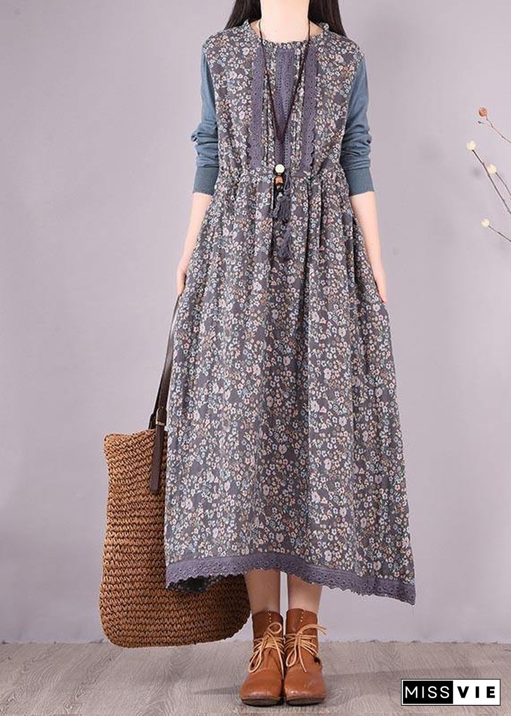 Beautiful Blue Patchwork Print Dresses O Neck Lace Robe Spring Dresses