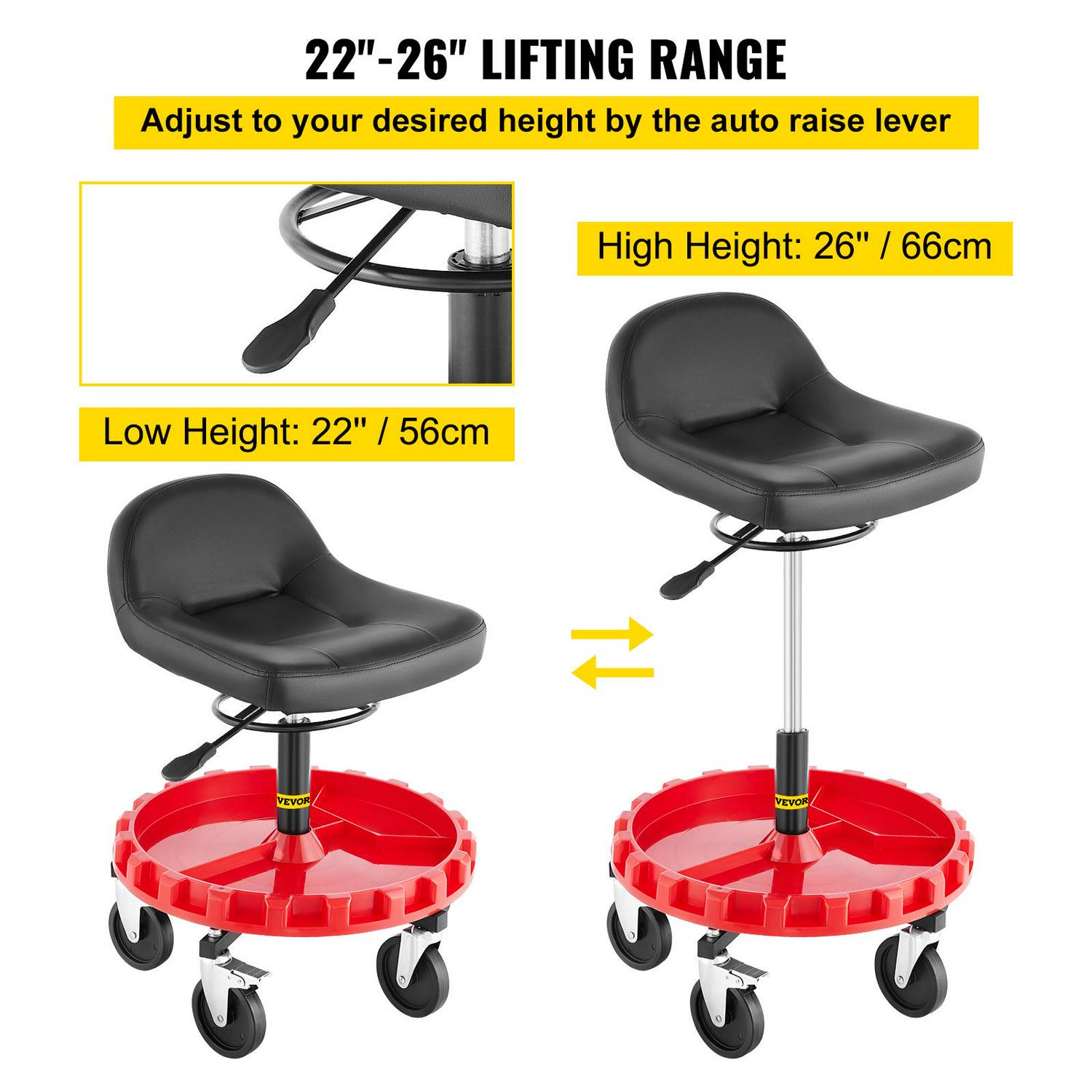 VEVORbrand Pneumatic Stool，400 LBS Rolling Garage Stool，22in to 26in Adjustable Height，Round Shop Stool with Parts Tray，All-Terrain 5in Casters with Two Brakes Mechanic Roller Seat