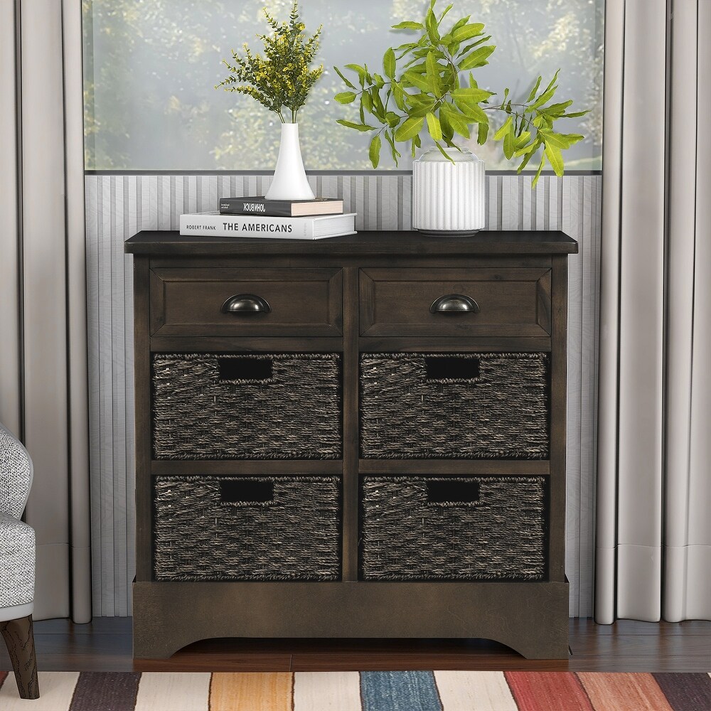 Storage Cabinet with Two Drawers and Four Classic Rattan Basket