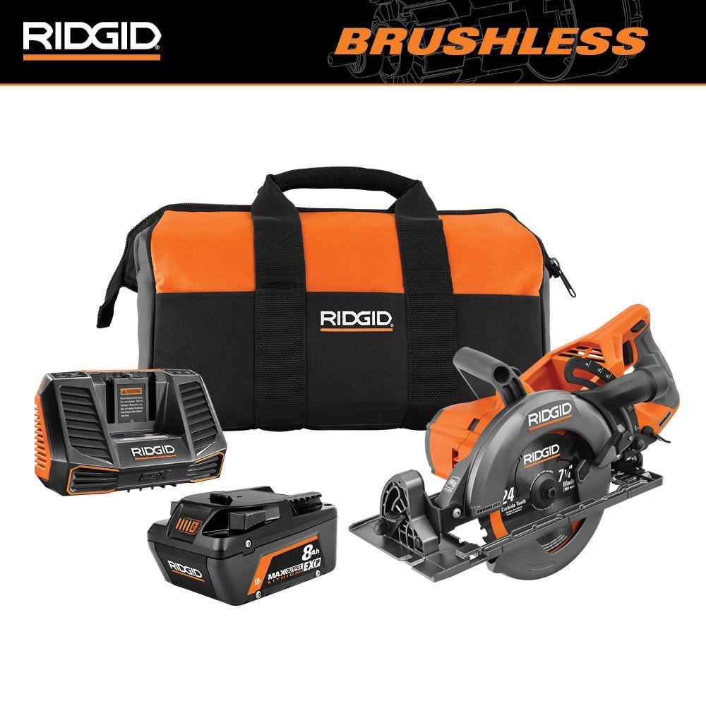 RIDGID 18V Brushless Cordless 7-14 in. Rear Handle Circular Saw Kit with 8.0 Ah MAX Output Battery 18V Charger and Bag R8658K