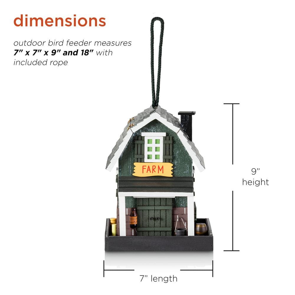 Alpine Corporation 9 in. Tall Wooden Farm Store Hanging or Table Outdoor Bird Feeder House, Black ACM118