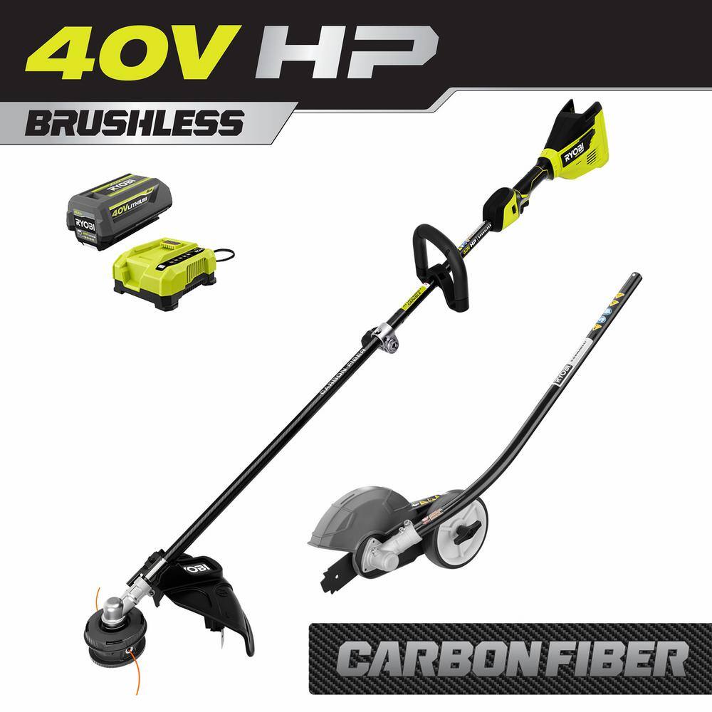 RYOBI 40V HP Brushless 15 in. Carbon Fiber Shafter String Trimmer and Edger Attachment with 4.0 Ah Battery and Charger RY40290-EDG