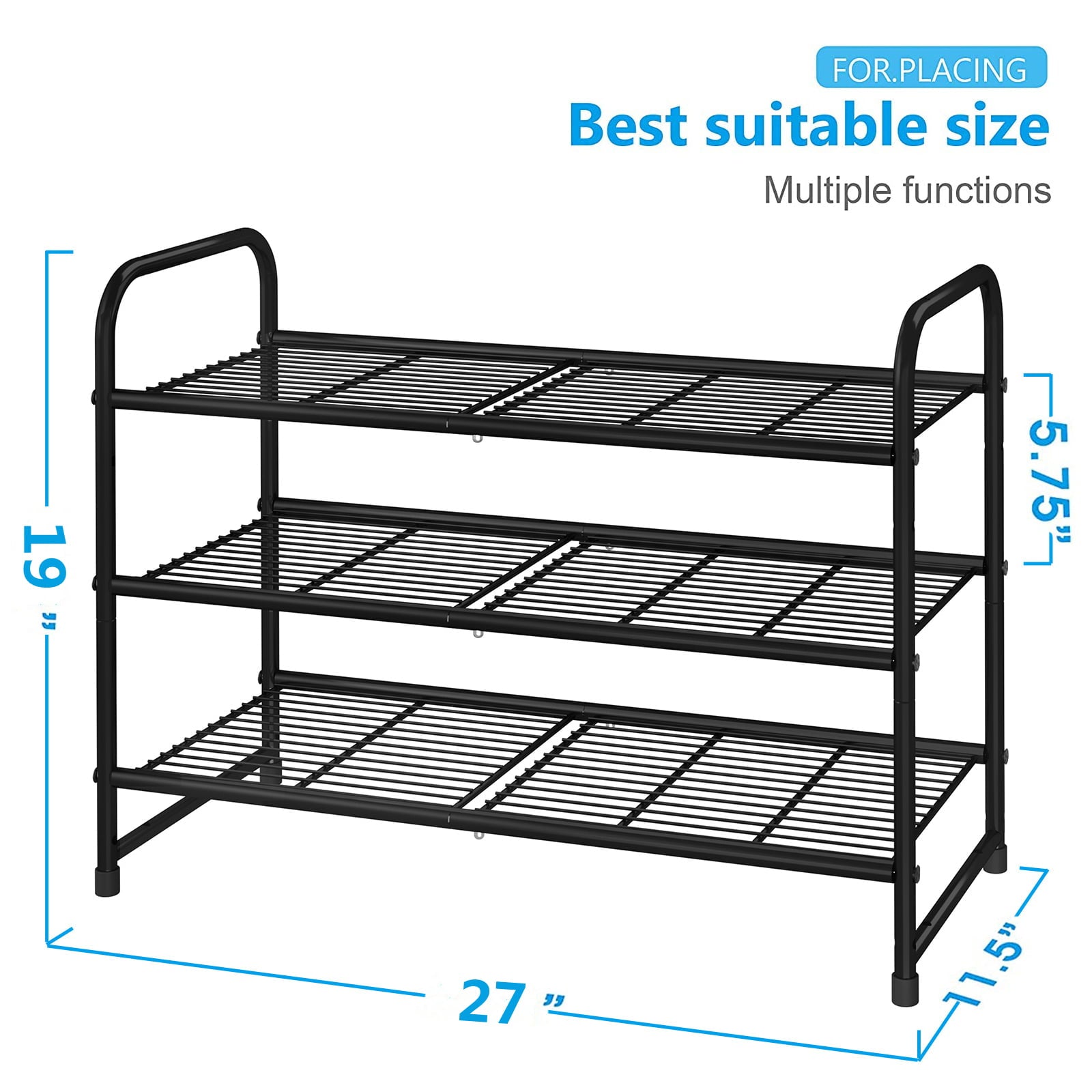 Simple Trending 3-Tier Stackable Shoe Rack， Expandable and Adjustable Shoe Shelf Storage Organizer， Wire Grid， Black