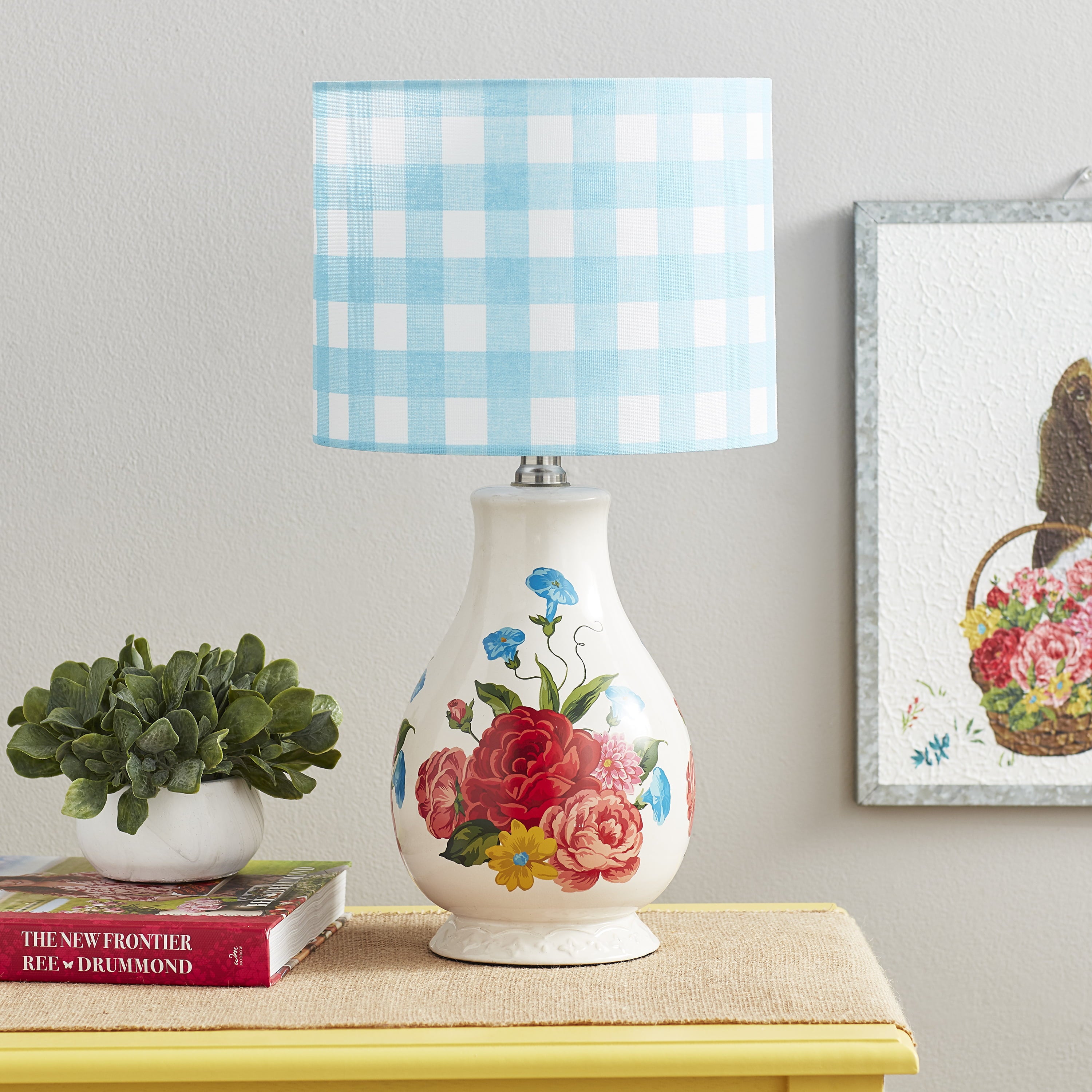 The Pioneer Woman Sweet Rose Table Lamp, Blue Gingham Shade with LED Bulb Included