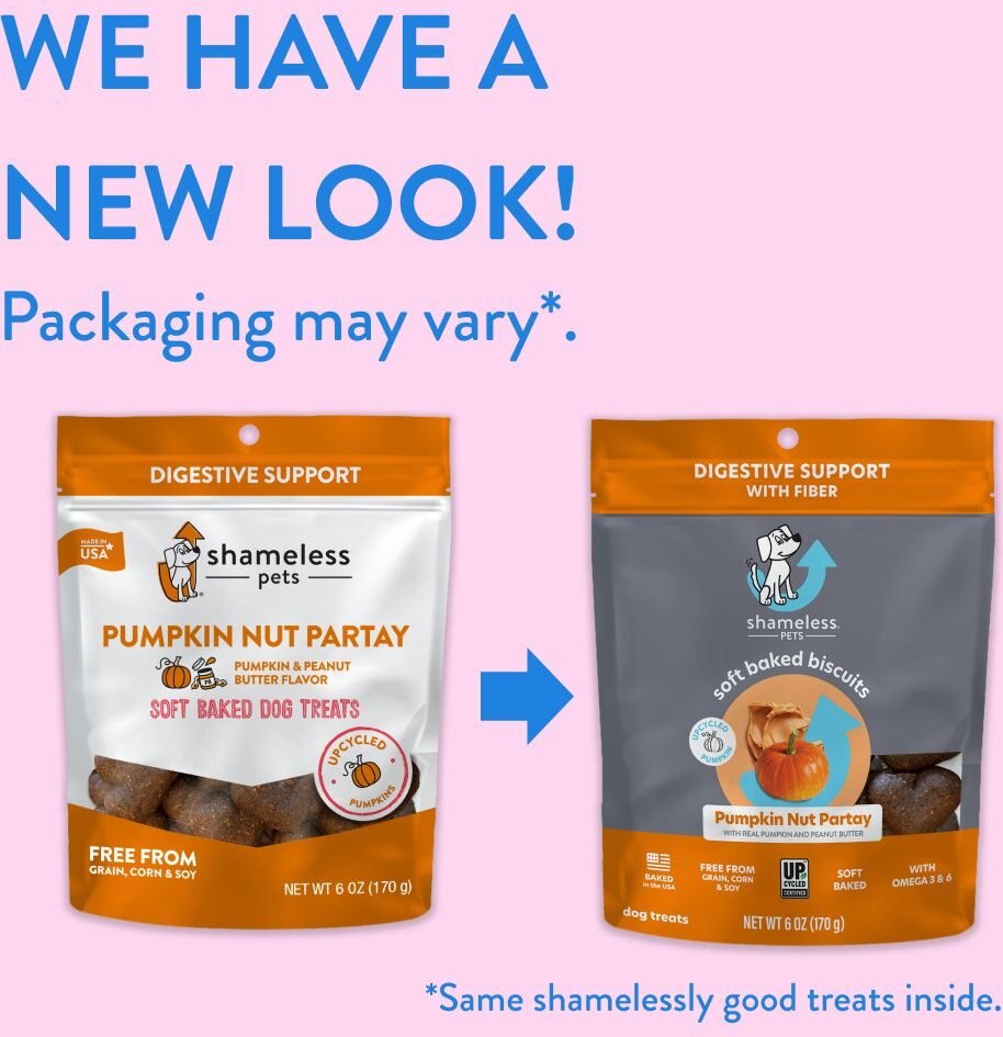 Shameless Pets Soft Baked Pumpkin Nut Partay Flavor Grain-Free Dog Treats， 6-oz bag