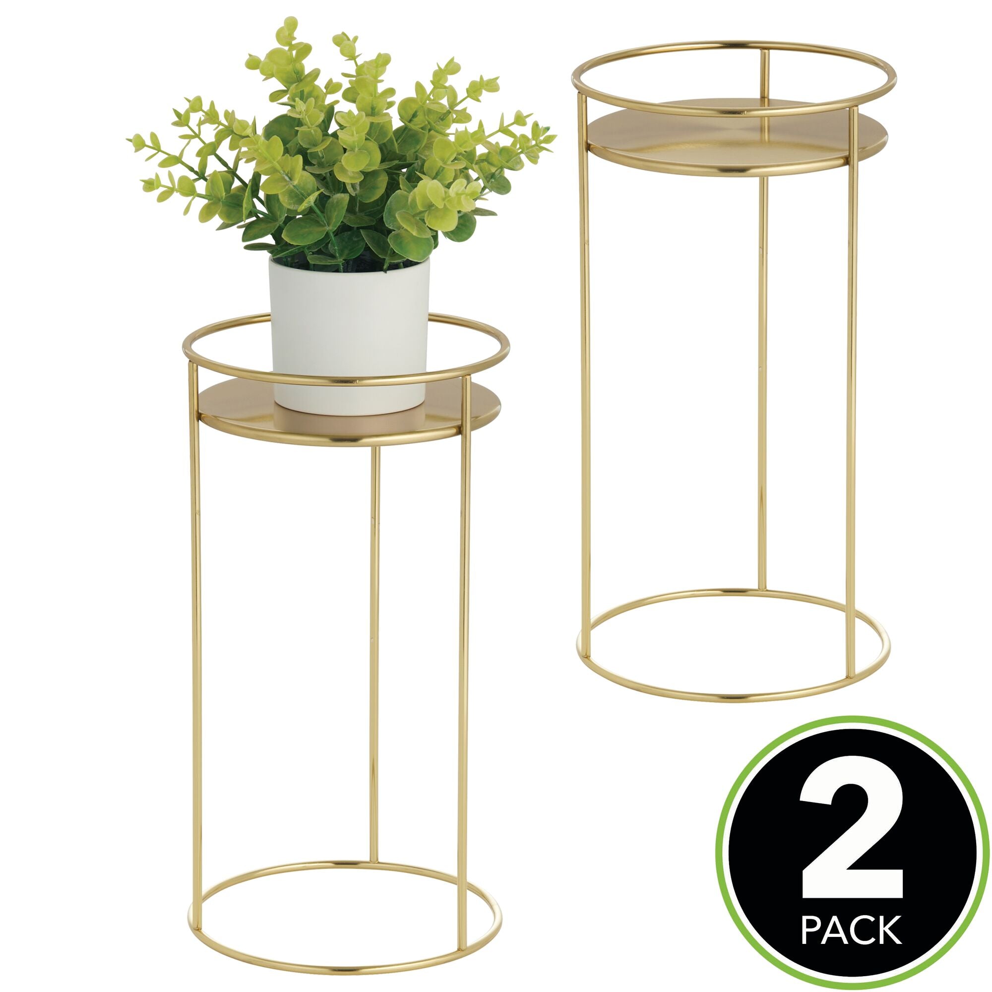 mDesign Metal 15-Inch Tall Circular Plant Stand, Planter Holder Contemporary Design Round Tray for Table, Garden; Holds Indoor/Outdoor Plants, Flower Pot - Concerto Collection - 2 Pack - Soft Brass