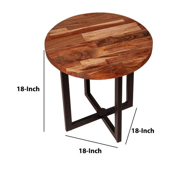 18 Inch Round End Side Table， Solid Acacia Wood Tabletop with X Shape Base