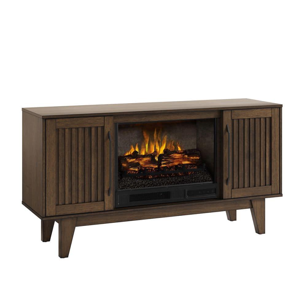 SCOTT LIVING Rosalie 54 in Freestanding Media Console Wooden Electric Fireplace in Warm Brown Birch