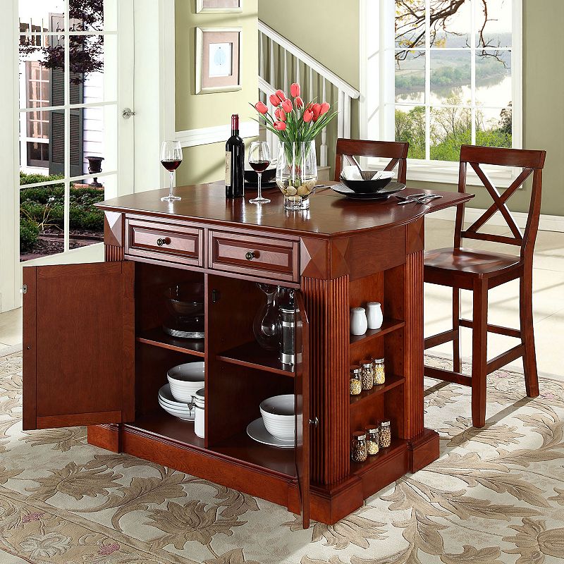 Crosley Furniture 3-piece Drop-Leaf Kitchen Island and X-Back Counter Chair Set