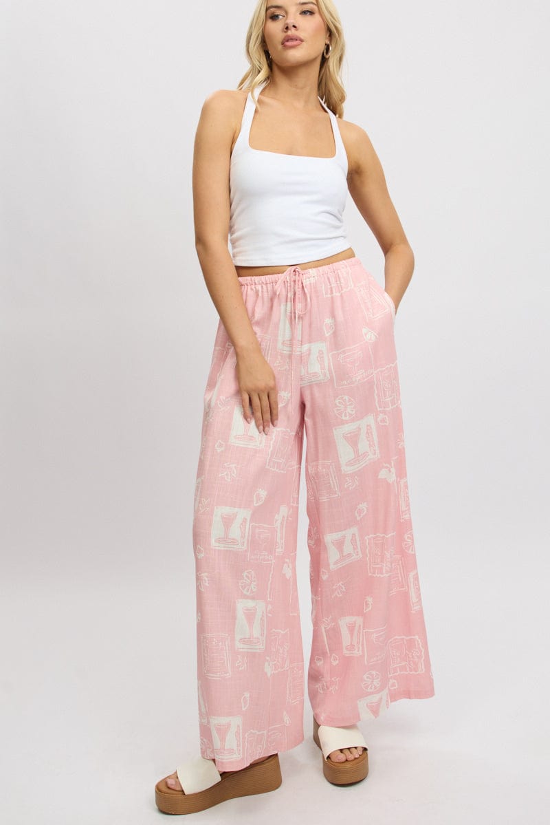 Pink Abstract Wide Leg Pants High Rise
