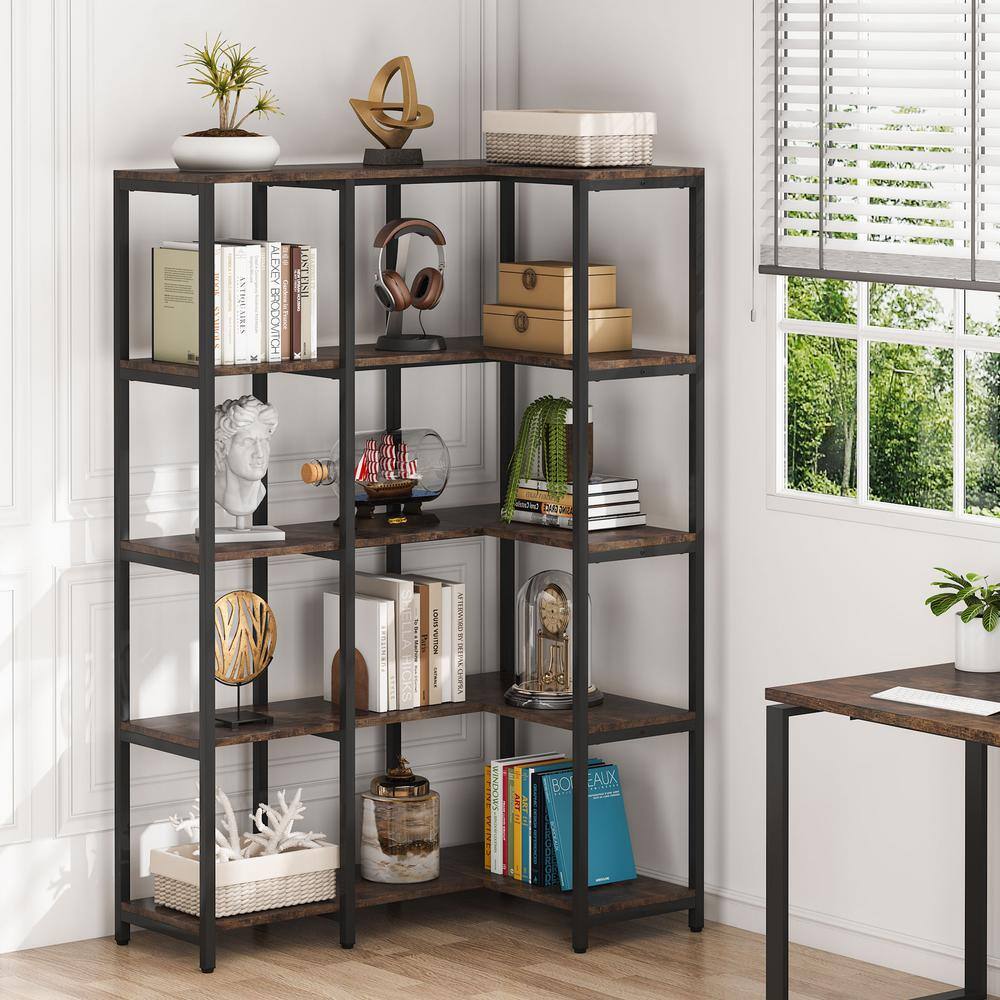 BYBLIGHT Eulas 40.5 in. W Rustic Brown 5-Shelf L-shaped Corner Bookcase with Open Storage BB-JW0242XL