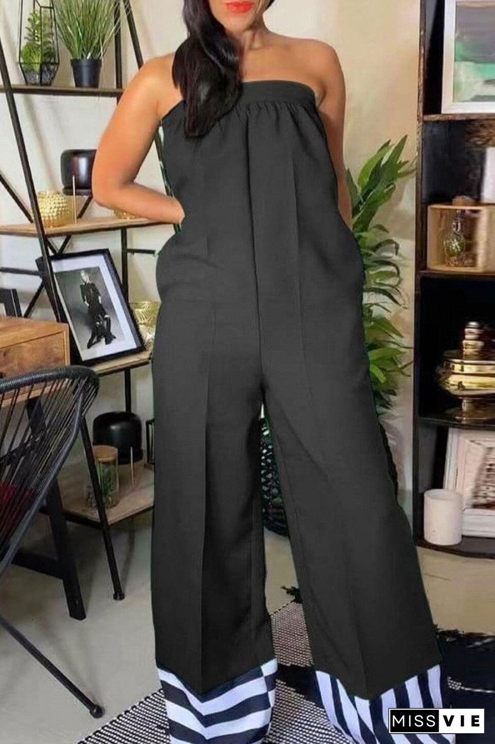 Casual Solid Patchwork Backless Strapless Regular Jumpsuits