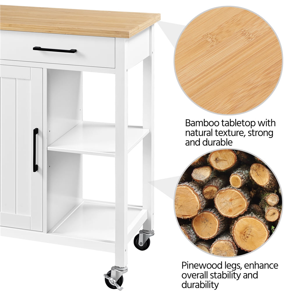 Topeakmart Mobile Kitchen Cart with Bamboo Top Kitchen Island on Wheels with Cabinet and Drawers and Towel Bar White