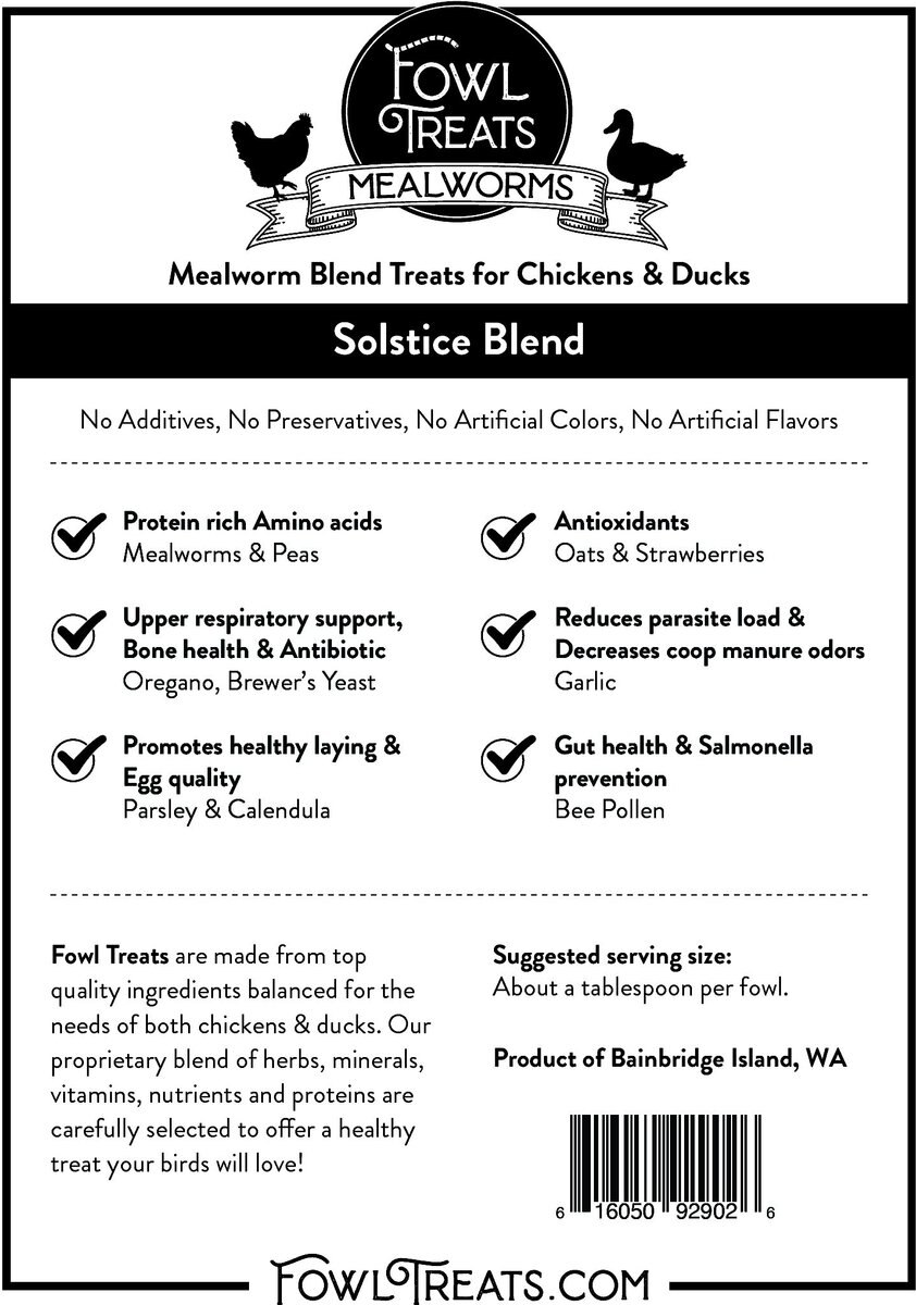 Fowl Treats Mealworm Blend Solstice Blend Chicken and Duck Treats， 2-lb bag