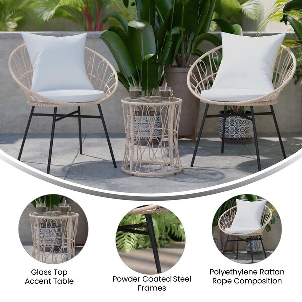 Indoor/Outdoor Rattan Rope Bistro Set，Glass Top Table and Cushions