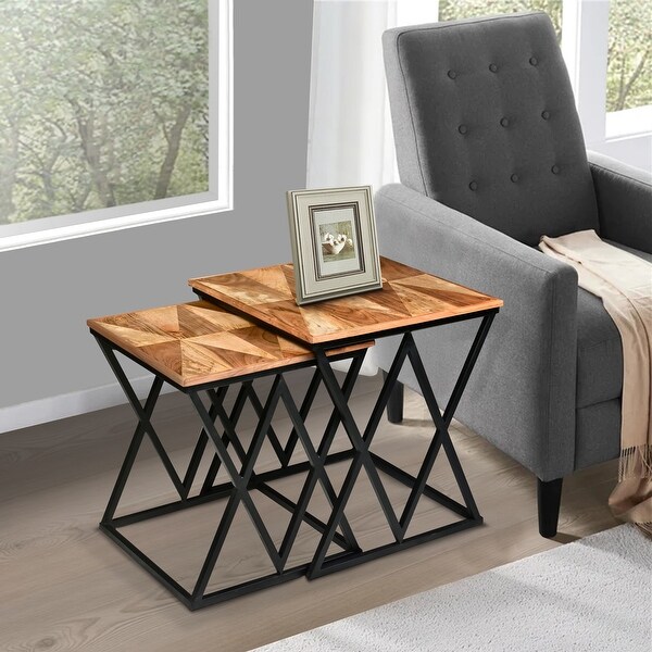 25， 23 Inch Square 2 Piece Nesting End Table Set， Wood to P， X Shape Iron Frame， Den， Bedroom Living Room， Brown and Black