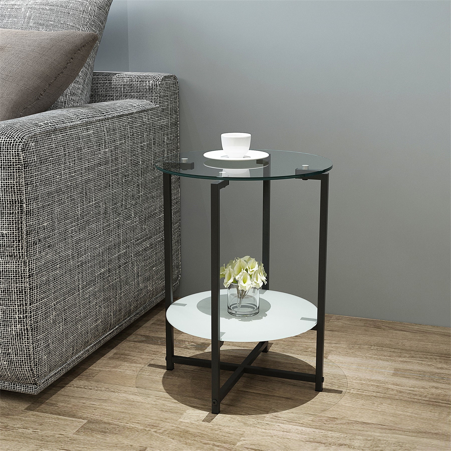 2 layer Tempered Glass End Table Round Coffee Table