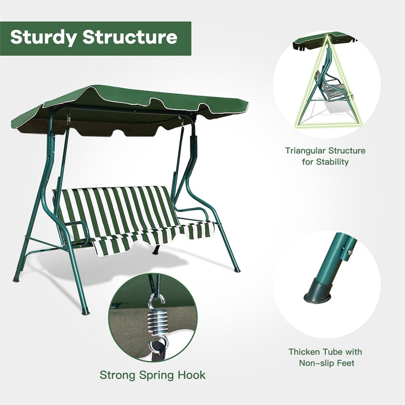 3-Person Cushioned Metal Outdoor Patio Porch Swing Chair Bench Glider with Adjustable Awing Canopy