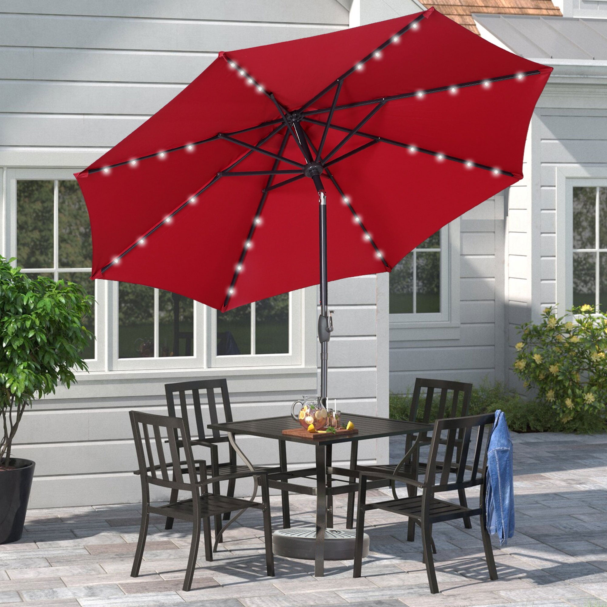 Ainfox 9Ft Outdoor Patio Solar Powered Umbrella with 32 LED Lights 8 Sturdy Ribs ,Table Market Umbrella with w/Tilt Adjustment and Crank for Garden,Deck,Backyard,Pool(Red)