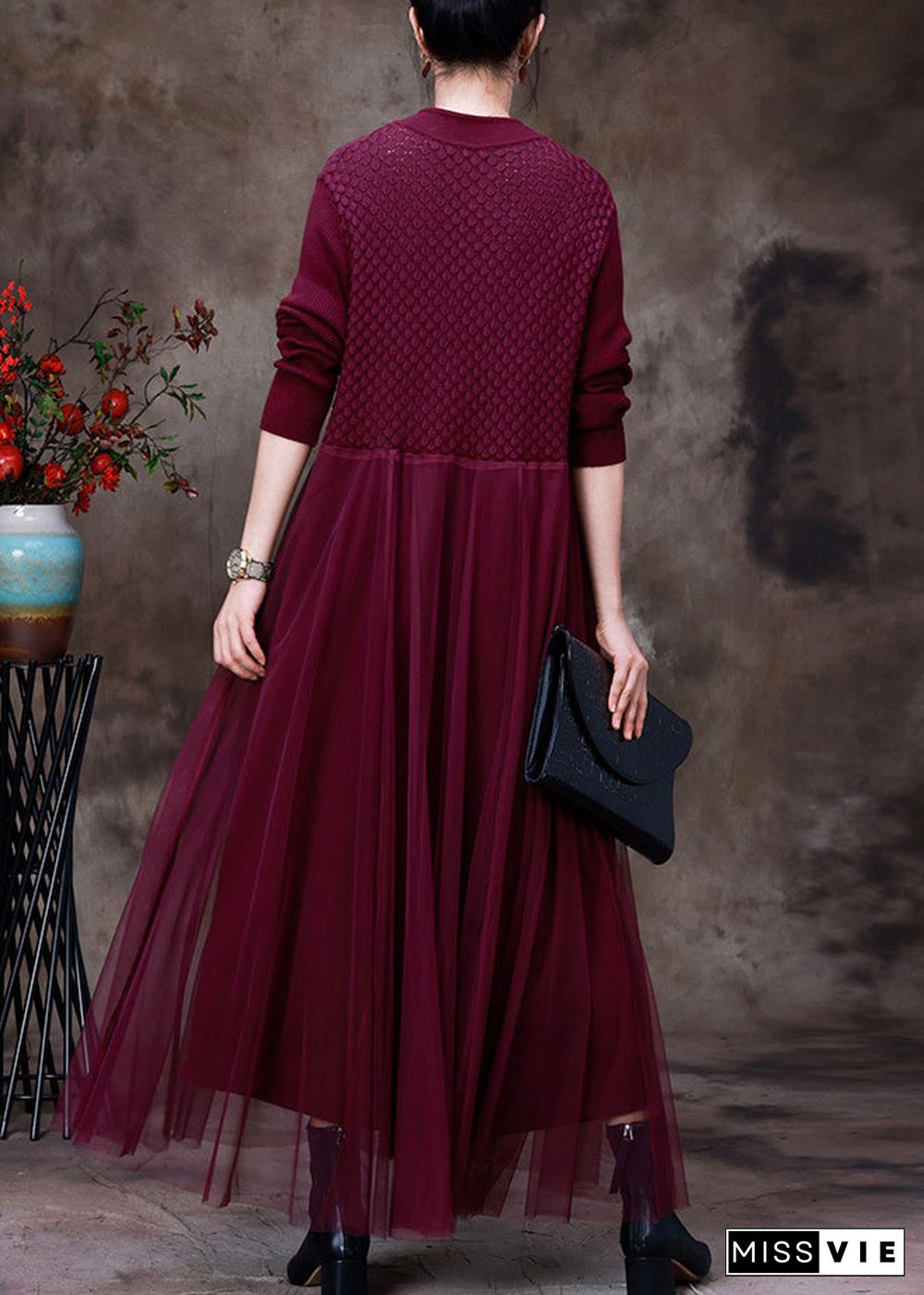 DIY Purple Stand Collar Tulle Patchwork Knit Mid Dress Long Sleeve