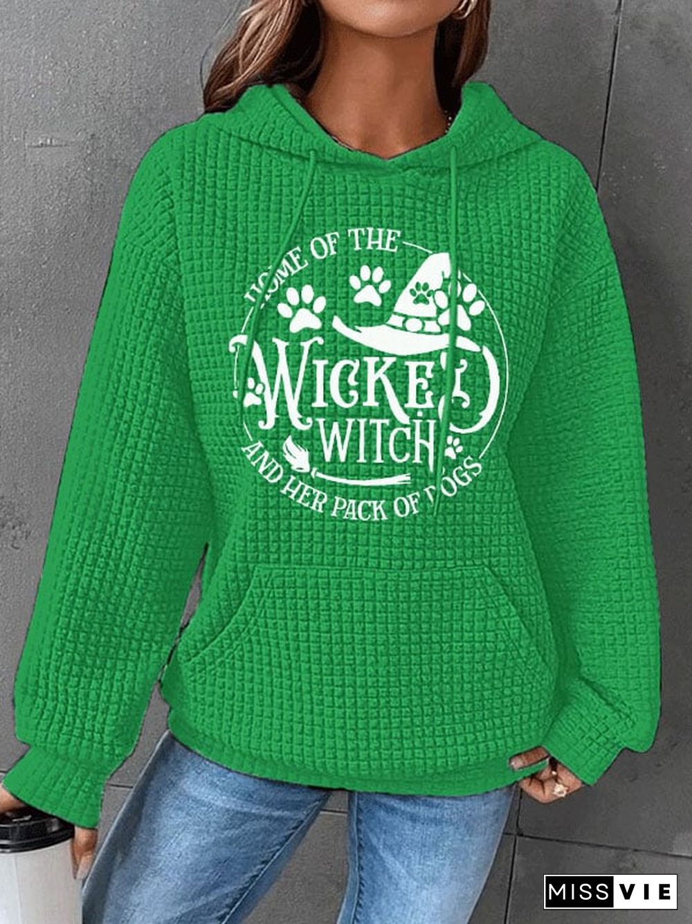 Women's Halloween Home Of The Wicked Witch And Her Pack Of Dogs Print Waffle Hoodie