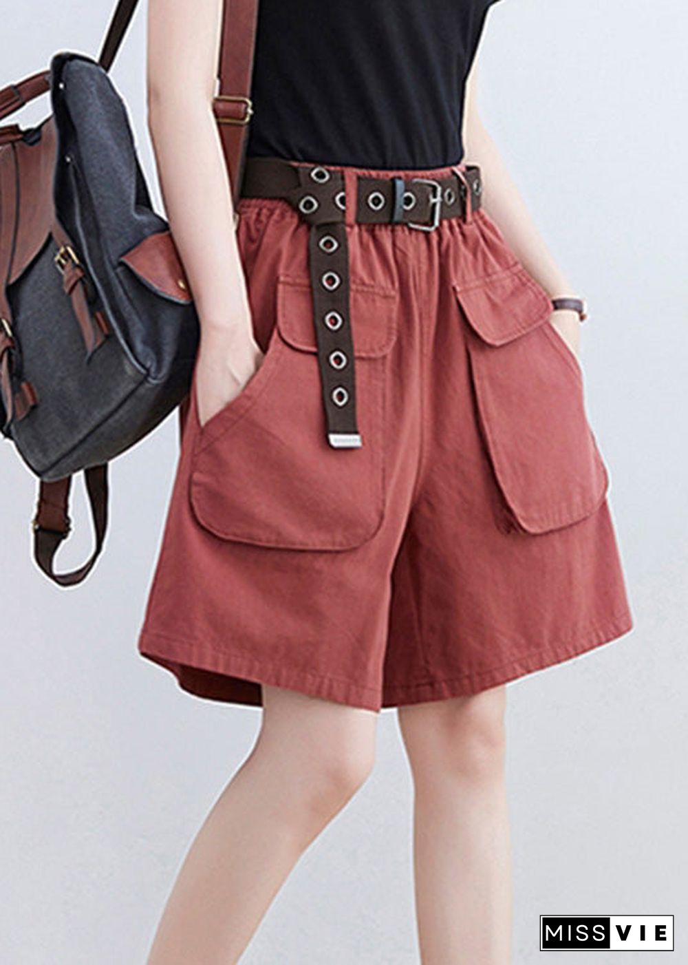 Red Pockets Elastic Waist Wide Leg Shorts