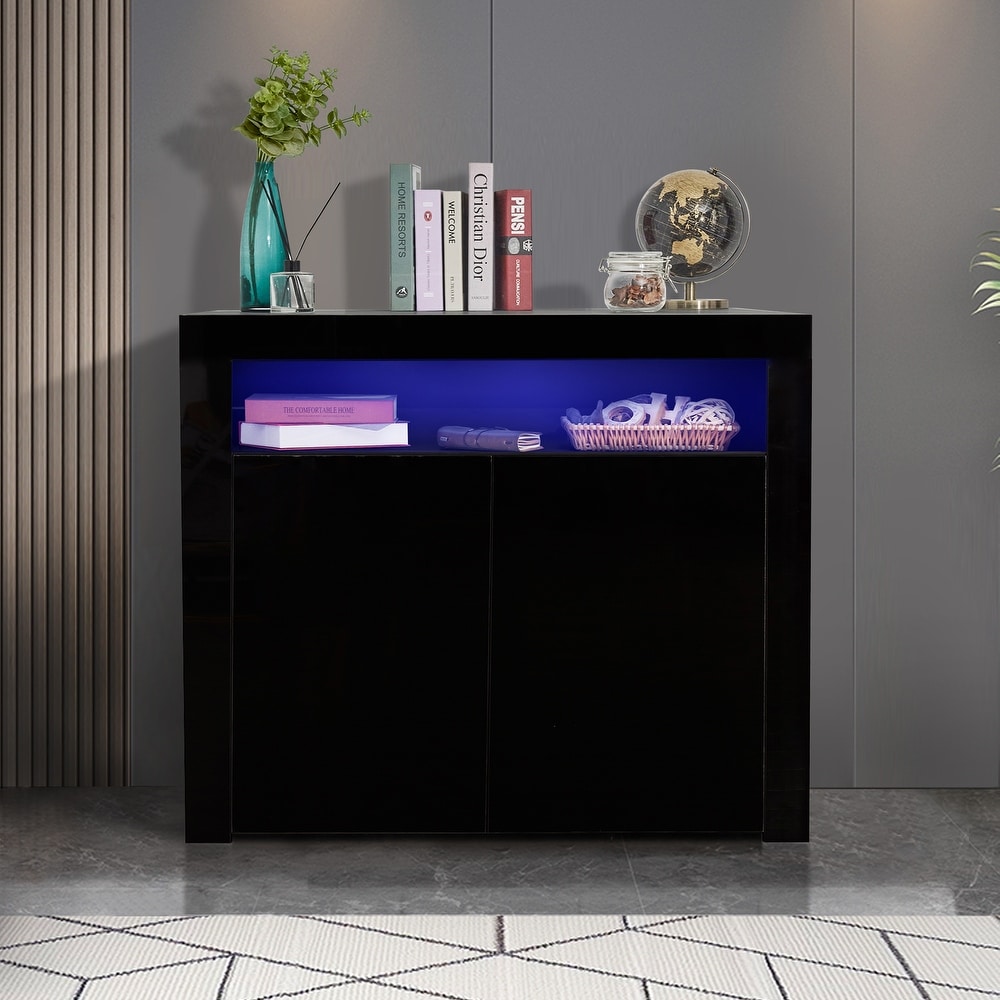 Living Room Sideboard Storage Cabinet Black High Gloss with LED Light  Cupboard Buffet Wooden TV Stand with 2 Doors