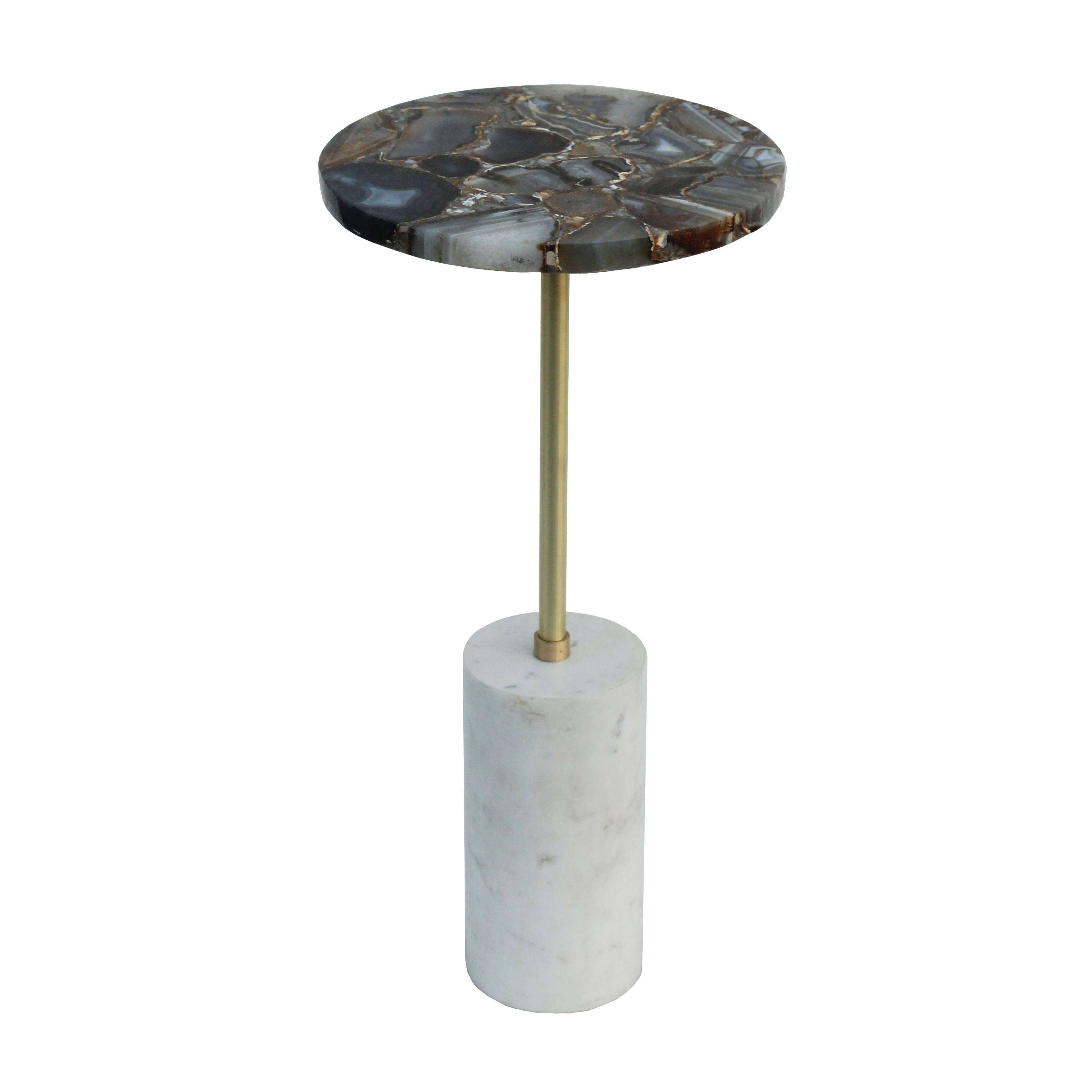 Black Agate and Matte Brass with Cylindrical Marble Base Side Table