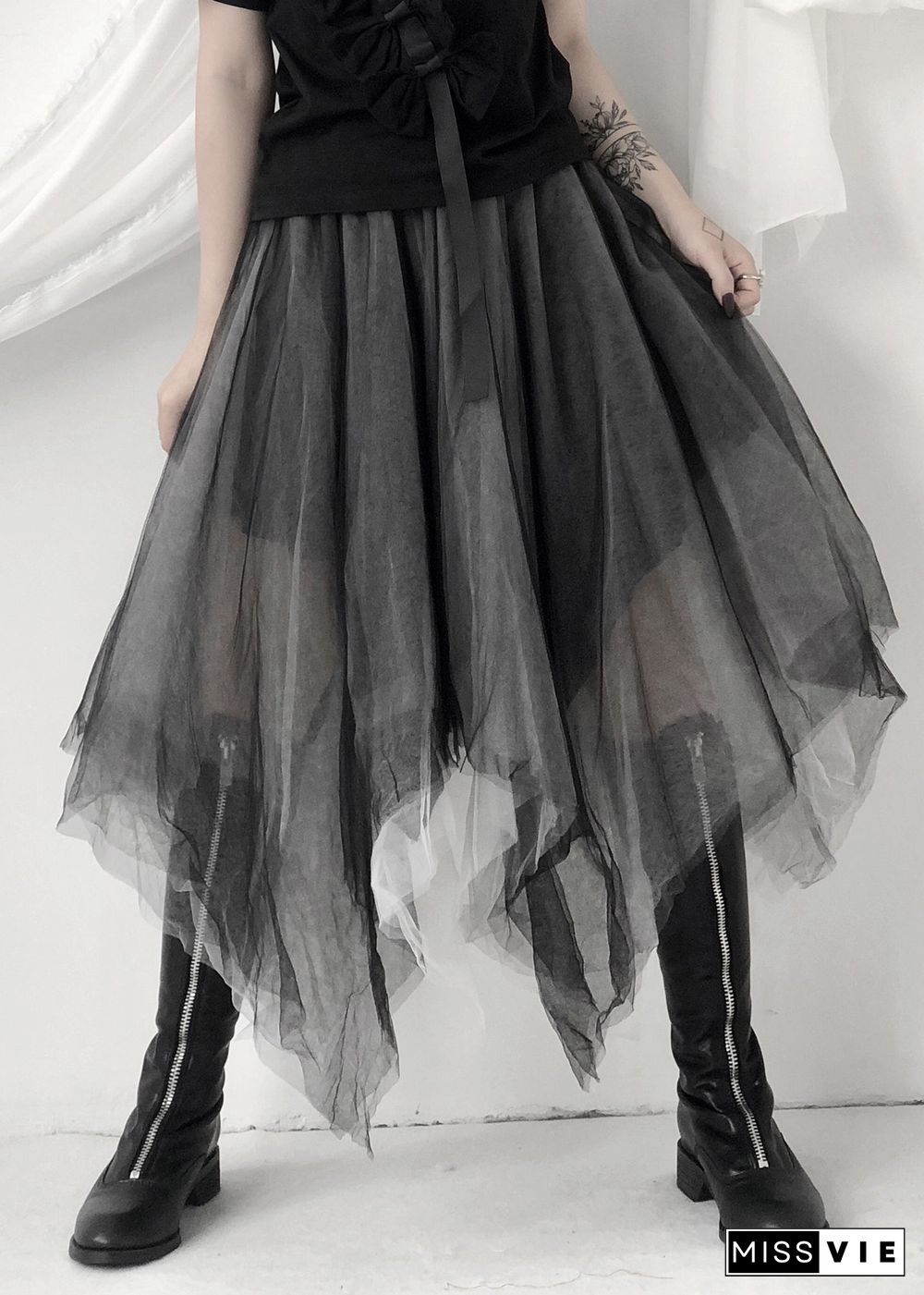 Boho Black Asymmetrical Layered Tulle Maxi Skirt