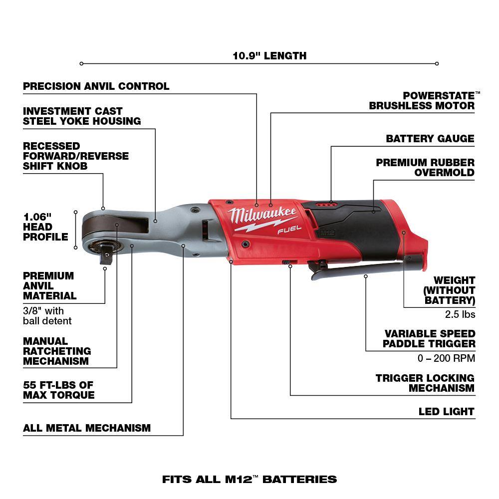 MW M12 FUEL 12V Lithium-Ion Brushless Cordless Stubby 38 in. Impact Wrench  38 in. Ratchet with two 3.0 Ah Batteries 2554-20-2557-20-48-11-2412