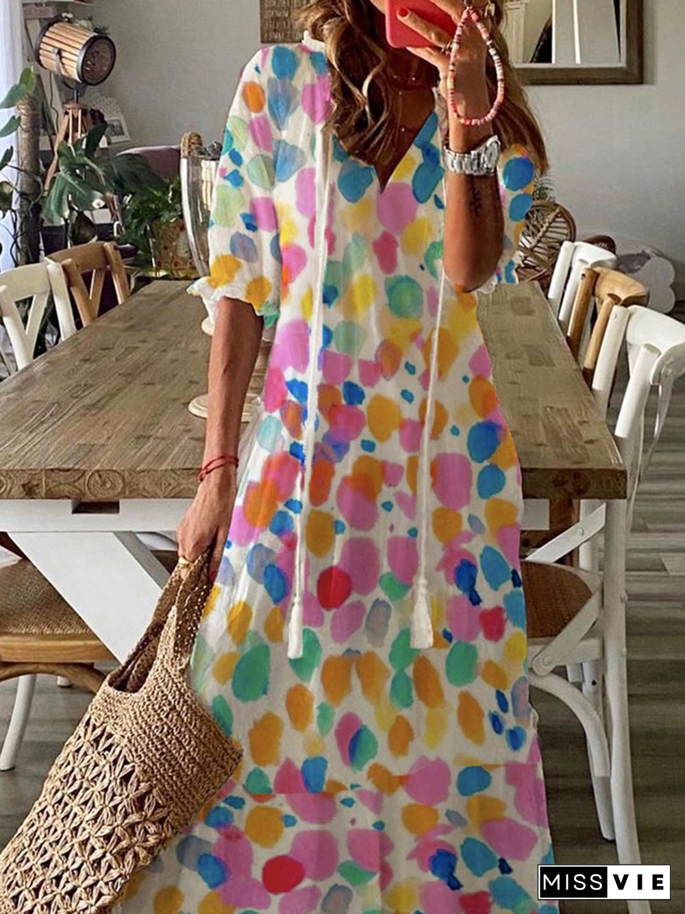 Polka Dots V Neck Tassel Half Sleeve Casual Maxi Dresses