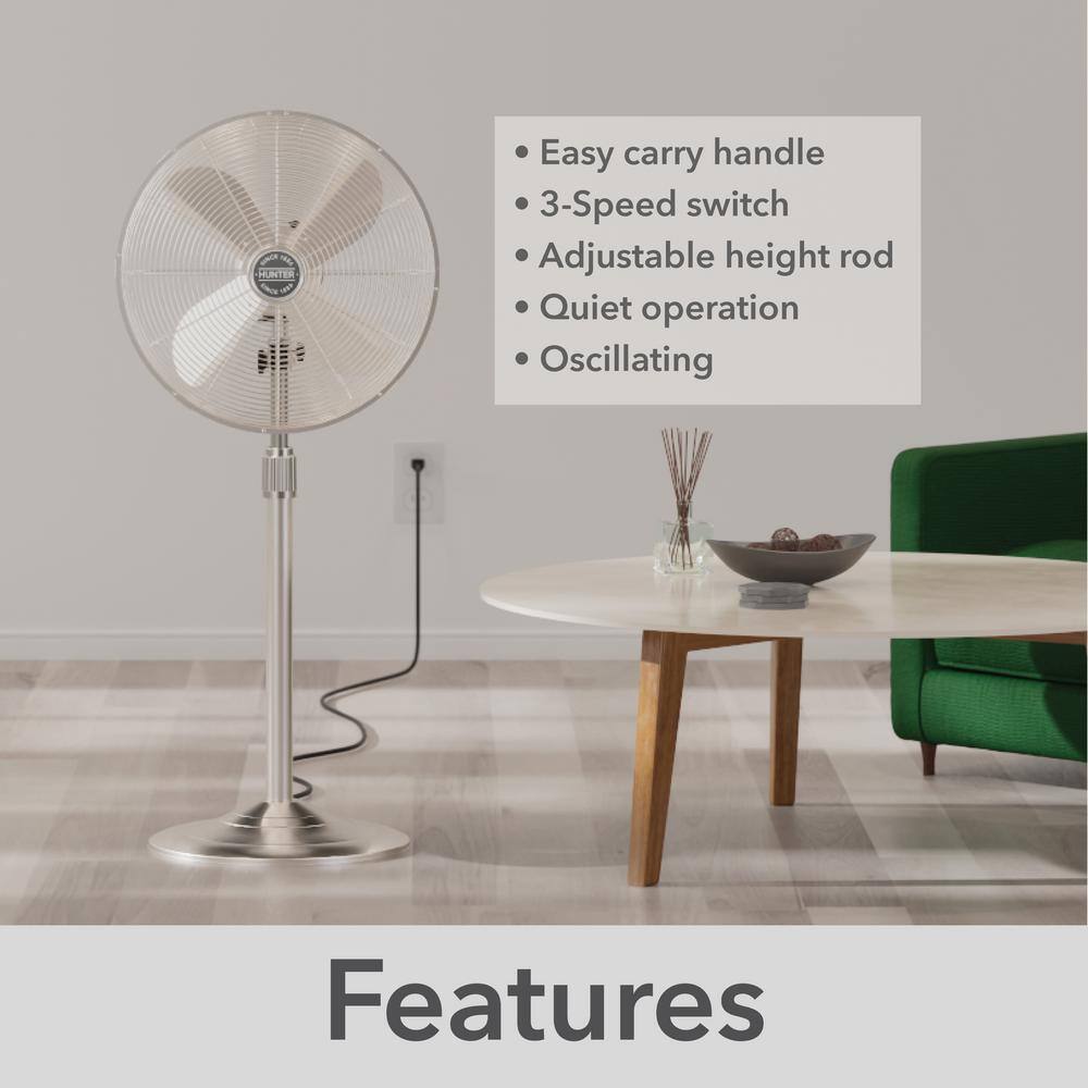 Hunter Classic 16 in. 3-speed Pedestal Fan in Brushed Nickel with Non-slip Base and Easy-Carry Handle 97317