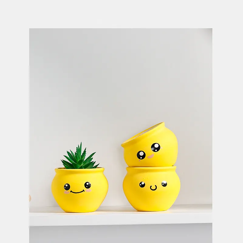 Custom yellow cute expression ceramic indoor succulent planter