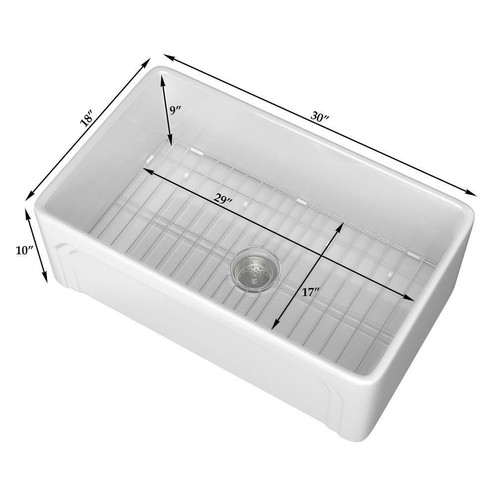 White Fireclay 30 in. Single Farmhouse Apron Kitchen Sink with Bottom Grid and Basket Strainer HKD-301810F-W