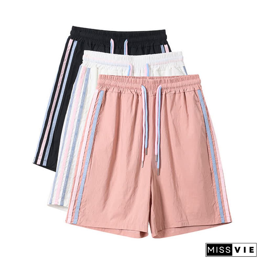 Stripe Print Drawstring Casual Shorts