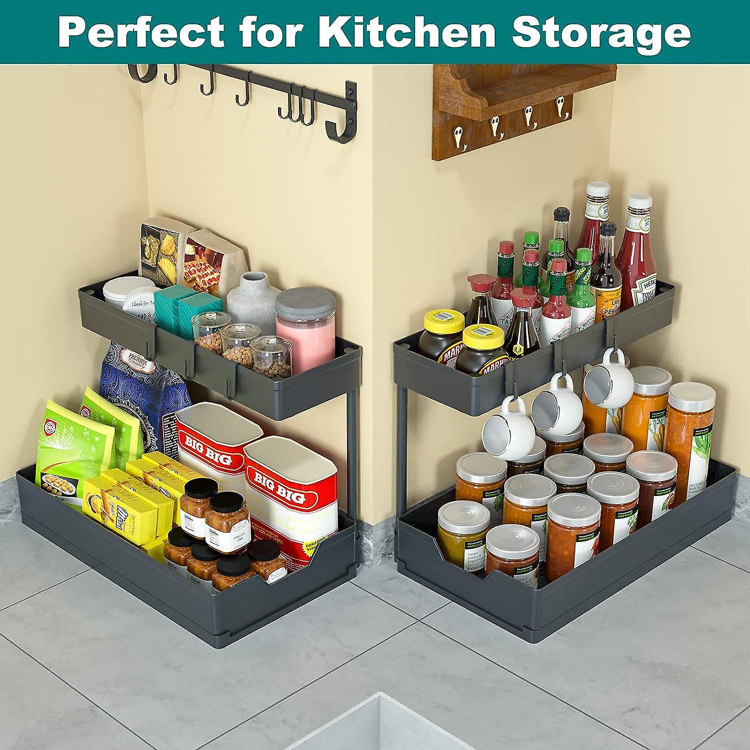 2-tierunder Sink Organizers And Storage 2 Pack Sliding L-shape Under Bathroom Kitchen Cabinet Organizers Narrow Space Storage Multi-purpose Sink Organ