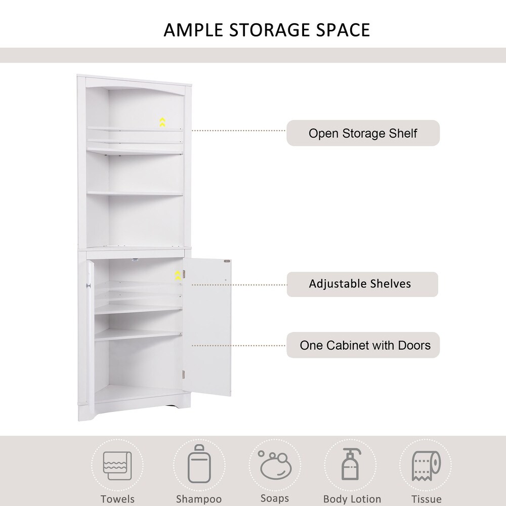 Bathroom Storage Corner Cabinet with Adjustable Shelves and Doors  Multi Functional Tall Storage Cabinet