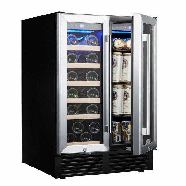 24'' Wine Cooler Refrigerator - Dual Zone Built-in or Freestanding Fridge with Stainless Steel Tempered Glass Door