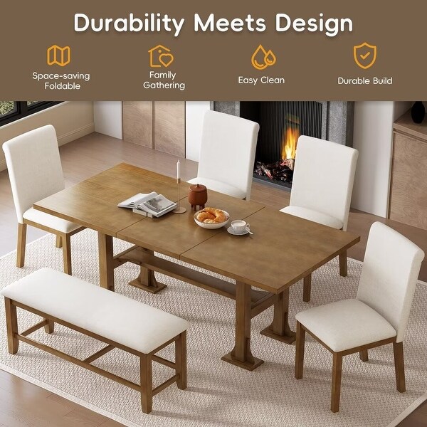 Extendable Dining Table Set，with Removable Leaf and Upholstered Chairs