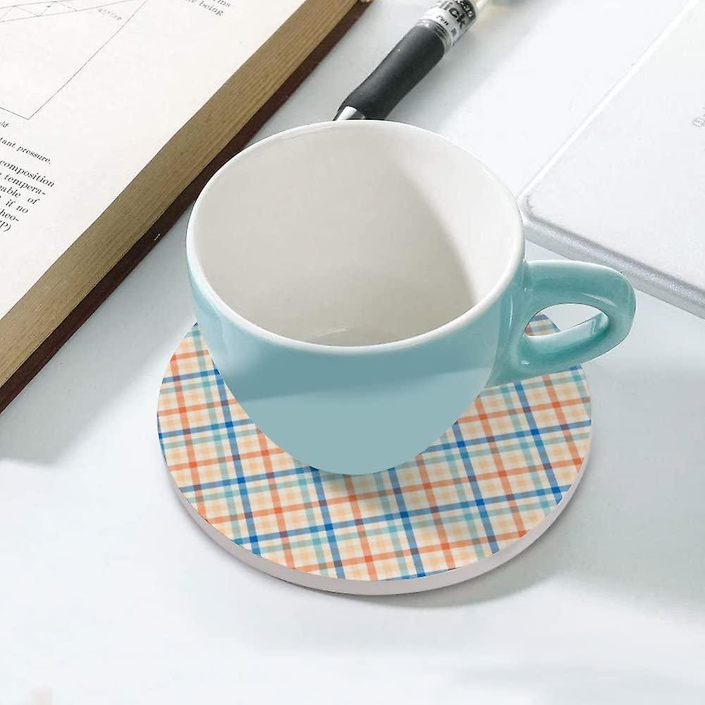 2pcs Round Orange Blue Tartan Plaid Ceramic Coasters With Cork-backed For Coffee Drink Cup Mat Absorbent Stone Coasters