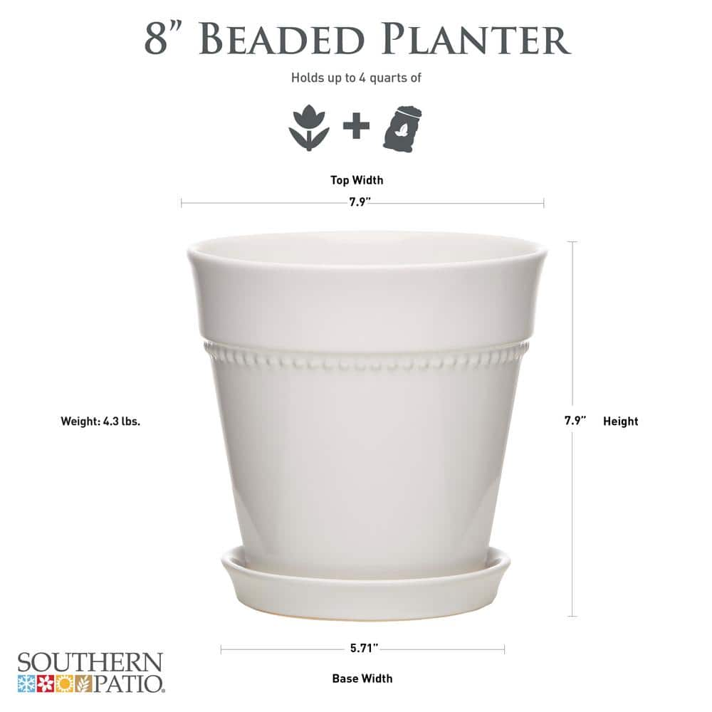 Vigoro 7.9 in. Ravanaey Small Glossy White Ceramic Planter (7.9 in. D x 7.9 in. H) With Drainage Hole and attached saucer CRM-081586